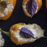 a single mini pepper stuffed with cheese and garnished with a purple basil leaf