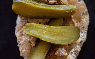 Chicken Liver Pate Bites on Chicharrones with Cornichons