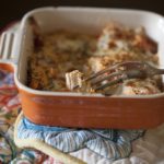 Single serving of a hearty chicken parmesan casserole in spicy arrabbiata sauce in Autumn colors