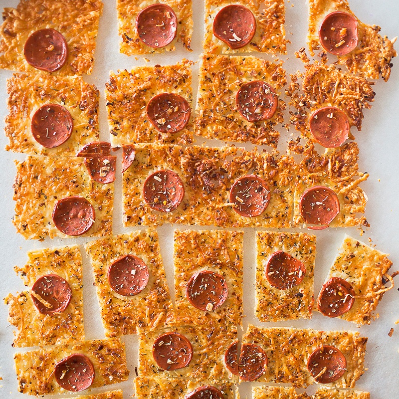 squares of Parmesan Pepperoni Crustless Pizza