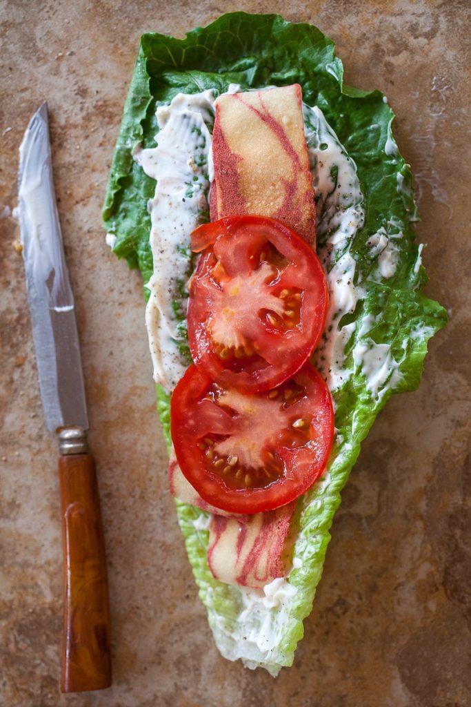 Vegetarian BLT lettuce wrap, Vertical photo and recipe by Jackie Alpers