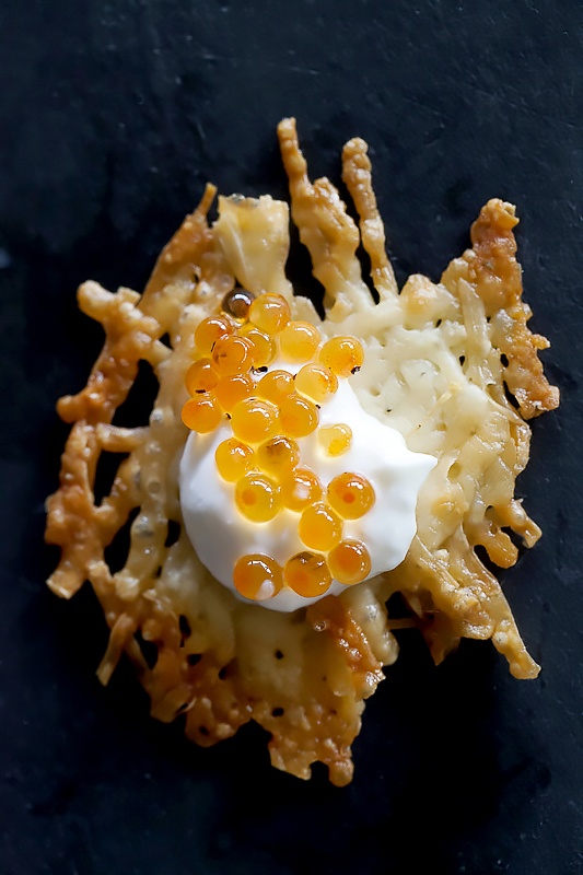 Parmesan crisps with caviar and creme fraiche