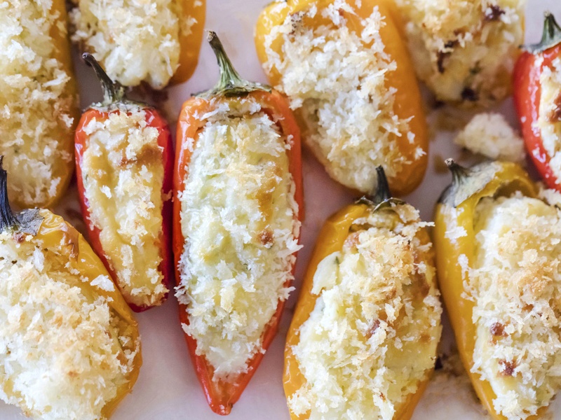 sweet pepper poppers topped with cheese and panko