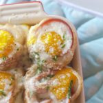 Breakfast baguette casserole with egg Canadian bacon and cheese