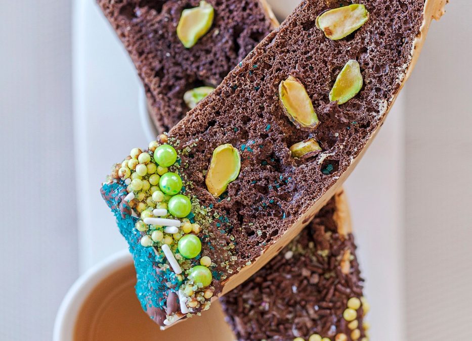 Chocolate, Coffee, Pistachio Biscotti with Sprinkles