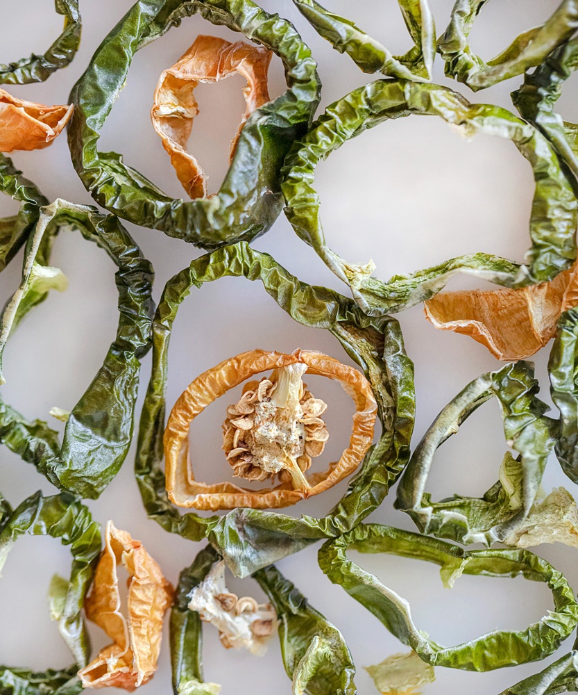 dehydrated dried green and yellow chile rings in for chili powder