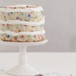 three tier deconstructed funfetti layer cake with buttercream frosting