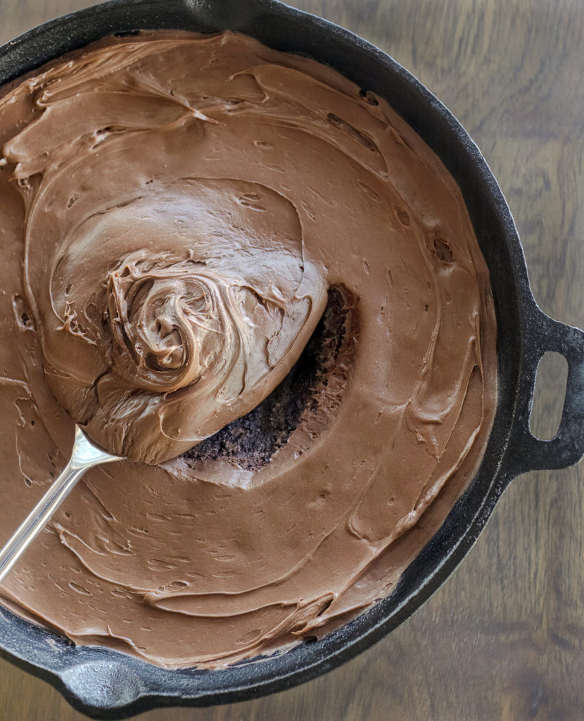 Recipe for Flourless Chocolate Cake baked in a cast iron skillet inspired by the Yellowstone TV show dinner scene.