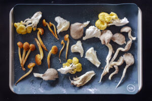 roasting exotic mushrooms on a sheet pan lined with a Silicone kitchen baking mat. Recipe instructions and photography by Jackie Alpers for The Silicone Kitchen.