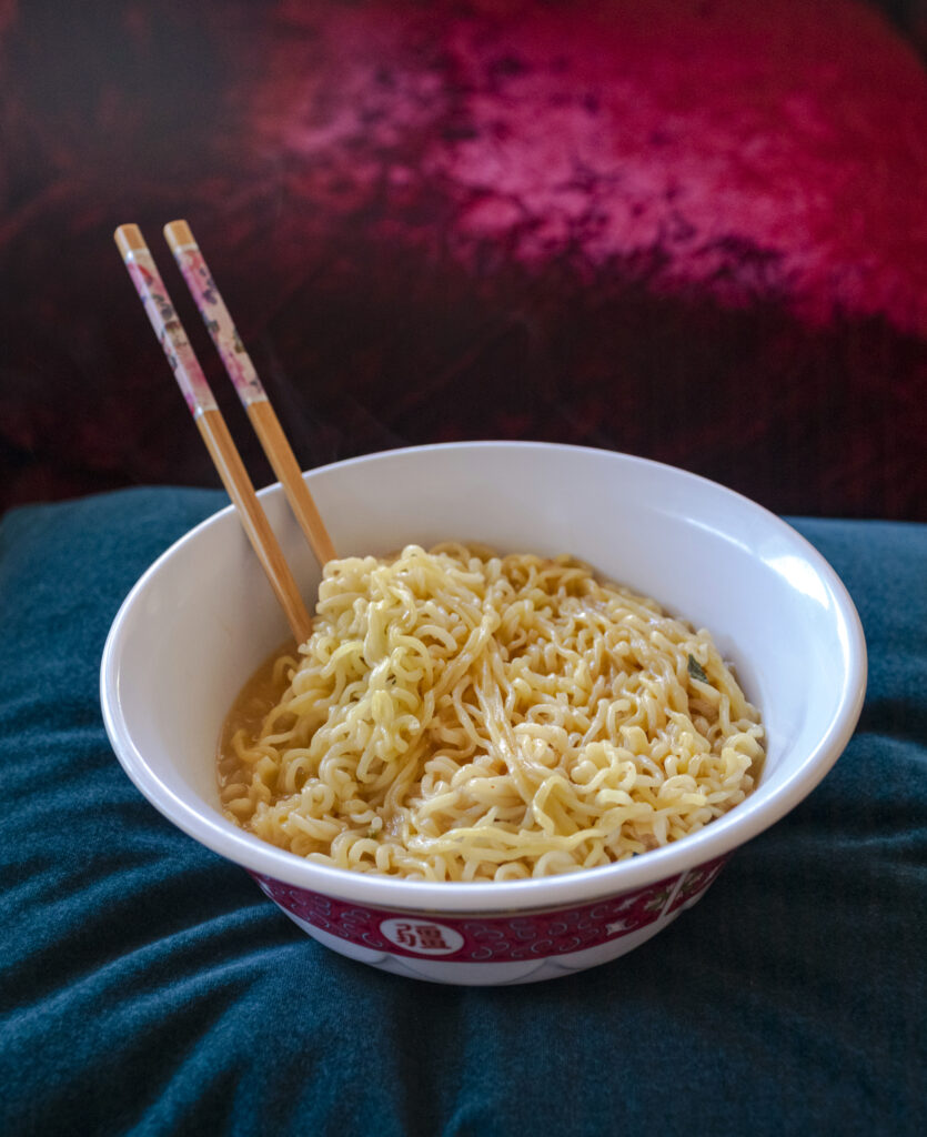 big bowl of plain forgotten ramen inspired by Jovie's scene in the movie Elf.