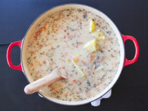 Caldo de queso soup with large chunks of potatoes, melty cheese, mexican oregano and chiltepin. Food photography and recipe by Jackie Alpers for Serious Eats.